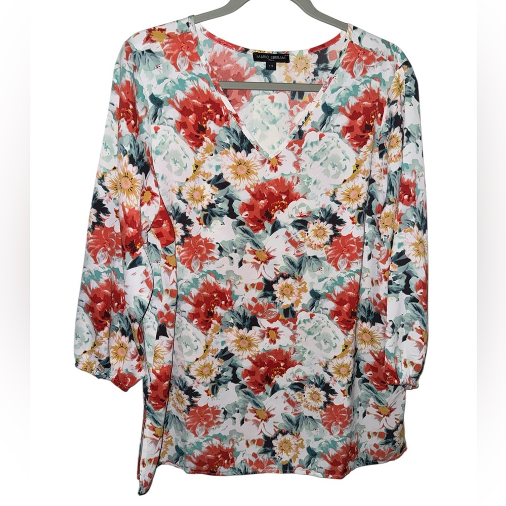 🌸 Mario Serrani Italy Floral Blouse | Size Large | V-Neck 3/4 Sleeve Top - Picture 2 of 5